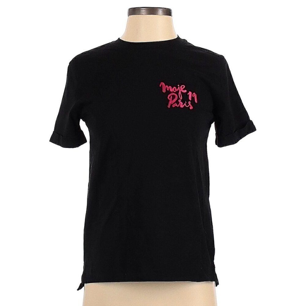 Maje Womens Sz 1 (Small) T-Shirt Black Bright Pink Embroidered Here & Away Paris